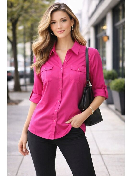 Apt. 9 Tops - Apt 9 XL Pink Button Up Blouse Roll Tab Utility Career Chic Y2K Barbiecore Style